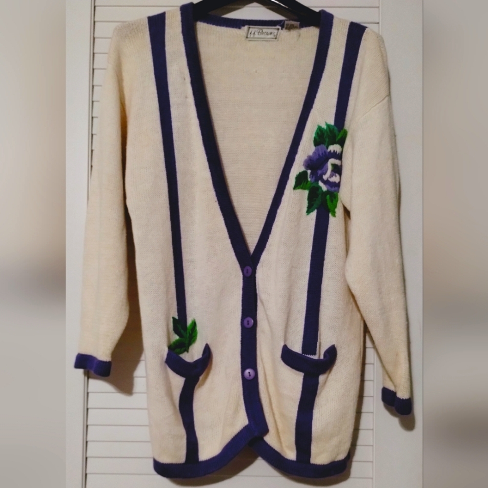 Vintage 80's J.J. Browne Ramie Embroidered & Knit Cardigan Sweater.
